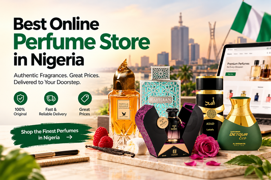 Luxury perfume collection featuring Vanilla Soufflé, Rayhaan Aquatica, Ahmed Al Maghribi Oud & Roses, Lattafa Asad and Al Haramain Detour Eco, with a Nigerian flag and Lagos skyline, promoting the best online perfume store in Nigeria.